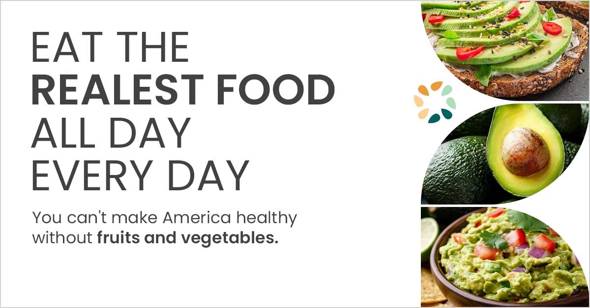 Promotional message about healthy eating with images of avocado toast, a halved avocado, and guacamole.