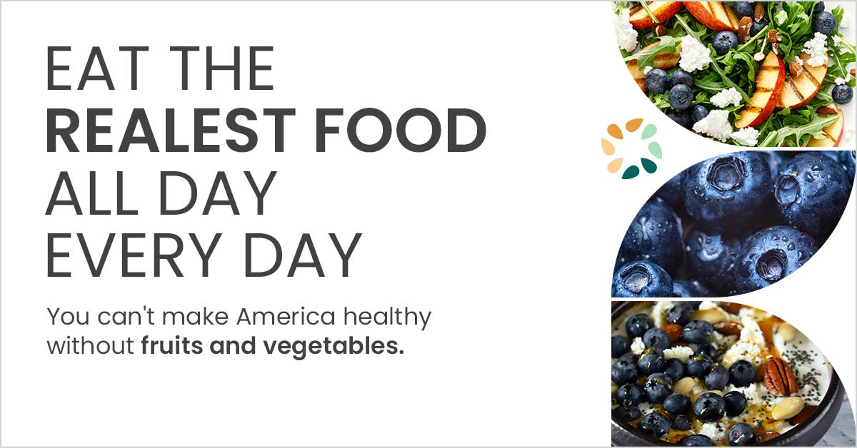 Promotional image with text about eating real food and photos of fruits and vegetables.
