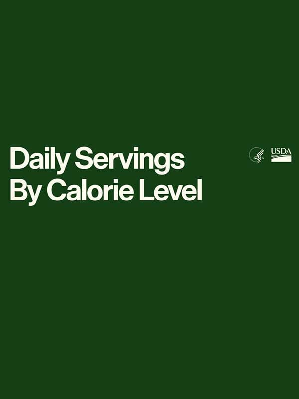 Green background with white text reading "Daily Servings By Calorie Level" and USDA logos.