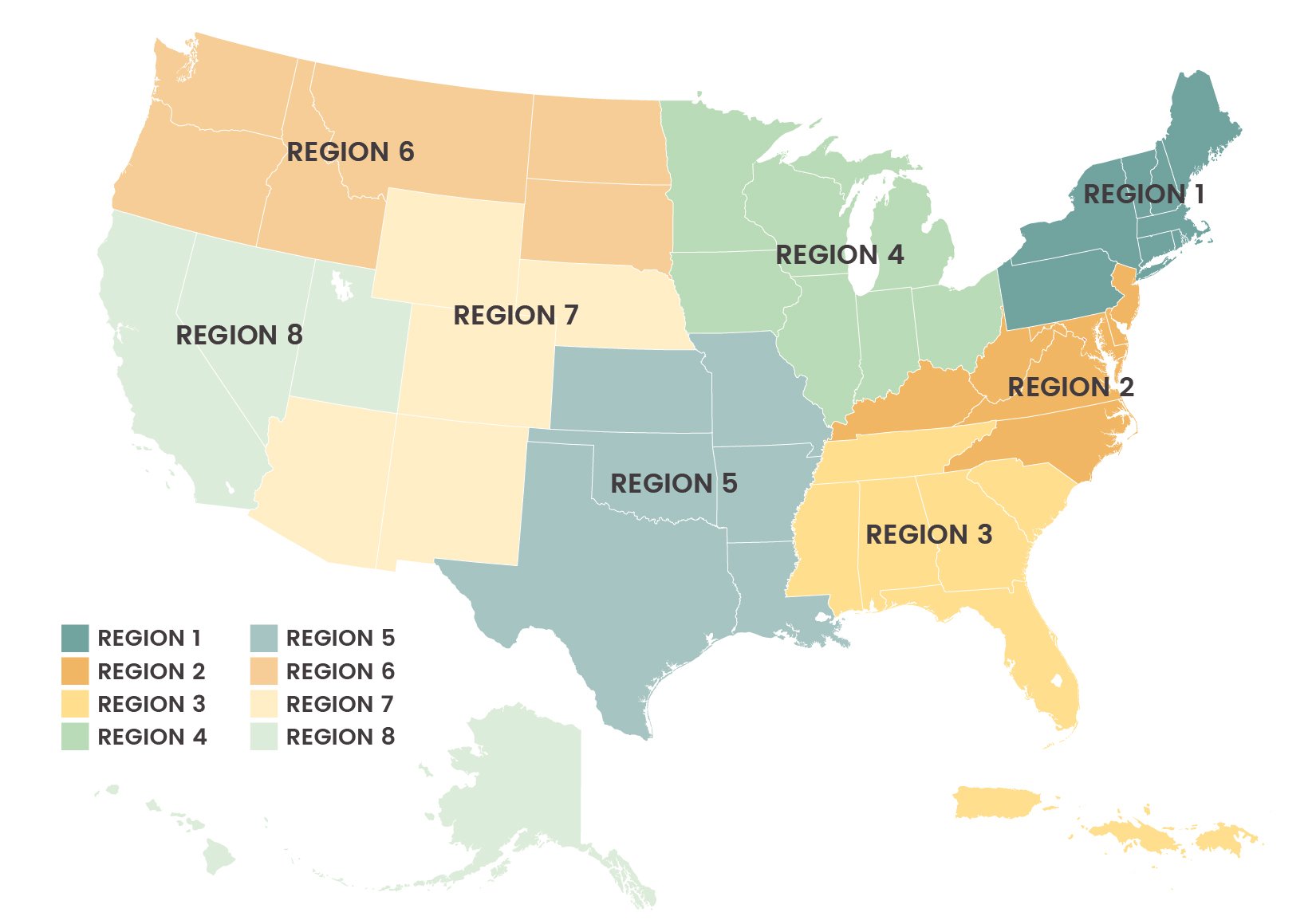 Map of the United States divided into eight color-coded regions labeled Region 1 to Region 8.