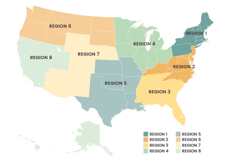Map of the United States divided into eight color-coded regions labeled Region 1 to Region 8.