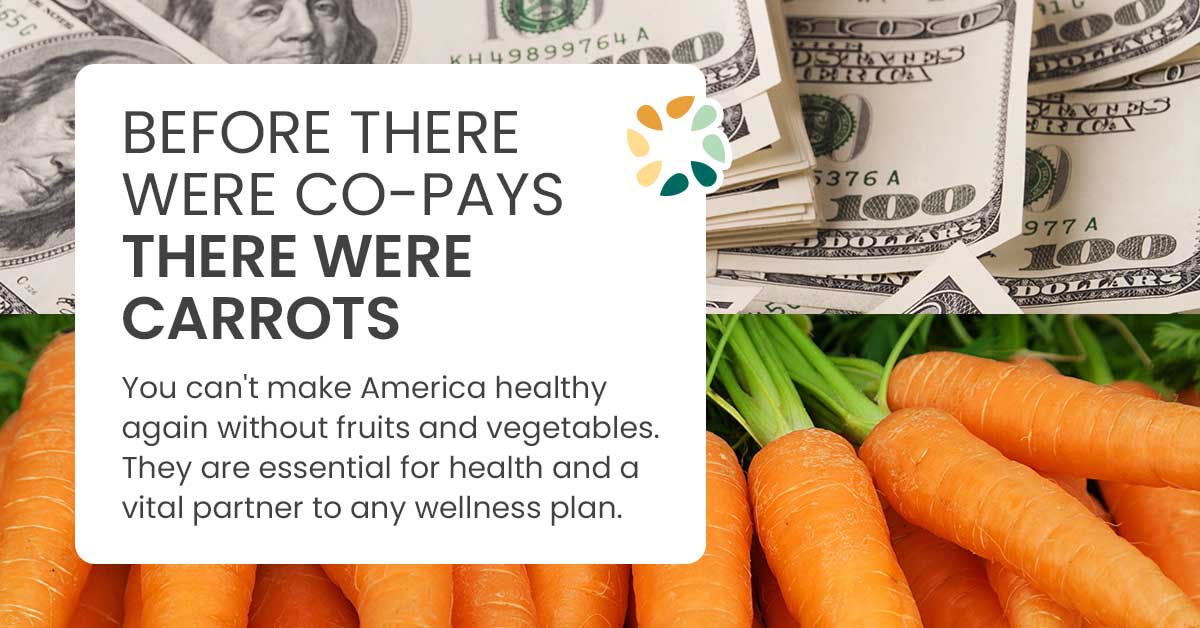 A mix of overlapping U.S. $100 bills and fresh carrots, with text overlay discussing co-pays and health. A mix of overlapping U.S. $100 bills and fresh carrots, with text overlay discussing co-pays and health.