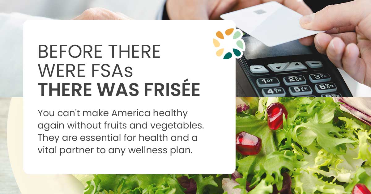 Image of a hand holding a card by a card reader, with text about frisée and wellness, alongside fresh greens. Image of a hand holding a card by a card reader, with text about frisée and wellness, alongside fresh greens.