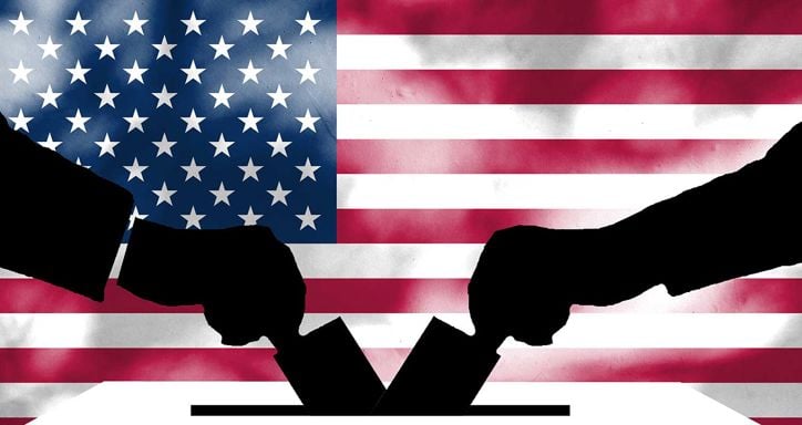 Composition of American flag and election voting silhouette.