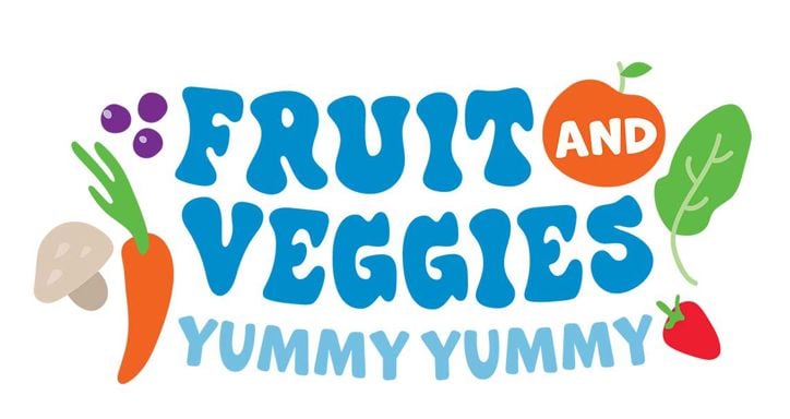 "Fruit and Veggies Yummy Yummy" with illustrations of a mushroom, carrot, orange, leaf, and strawberry.