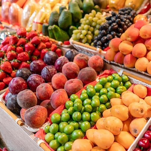 Various colorful fresh fruits and vegetables.