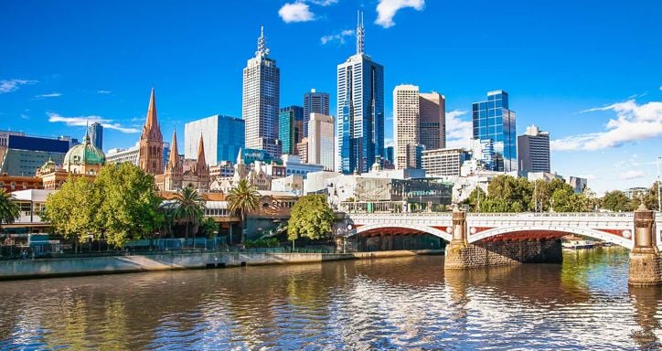 Melbourne skyline looking towards Flinders Street Station. Australia.