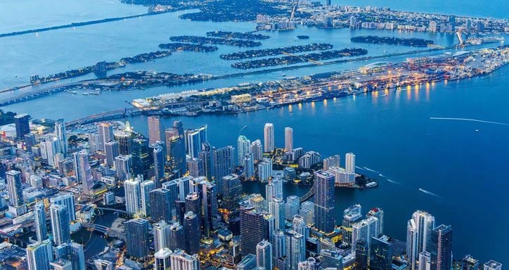 Aerial view of a the Miami cityscape with skyscrapers.