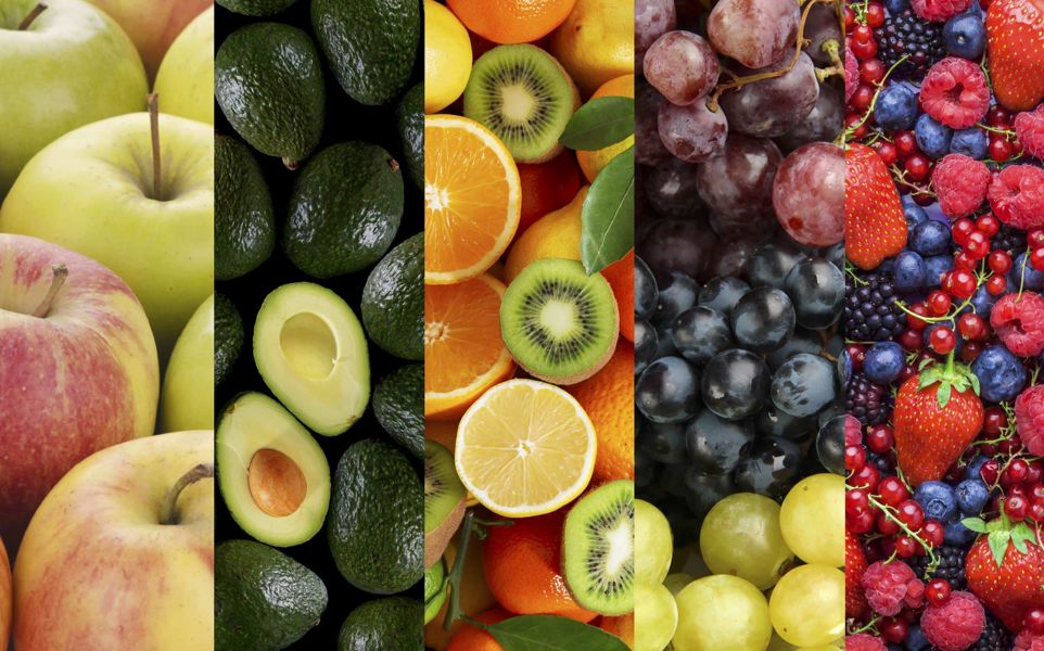 Vertical tiles of various fruits including apples, avocado, oranges, grapes and berries.