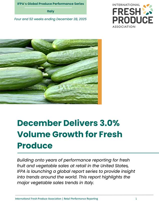 Cover of the IFPA report featuring a cucumber image, report title, and description of produce sales growth.