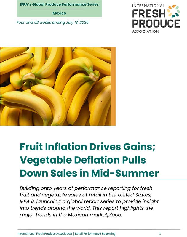 Cover page of the International Fresh Produce Association report featuring bananas and a title about fruit and vegetable sales trends.