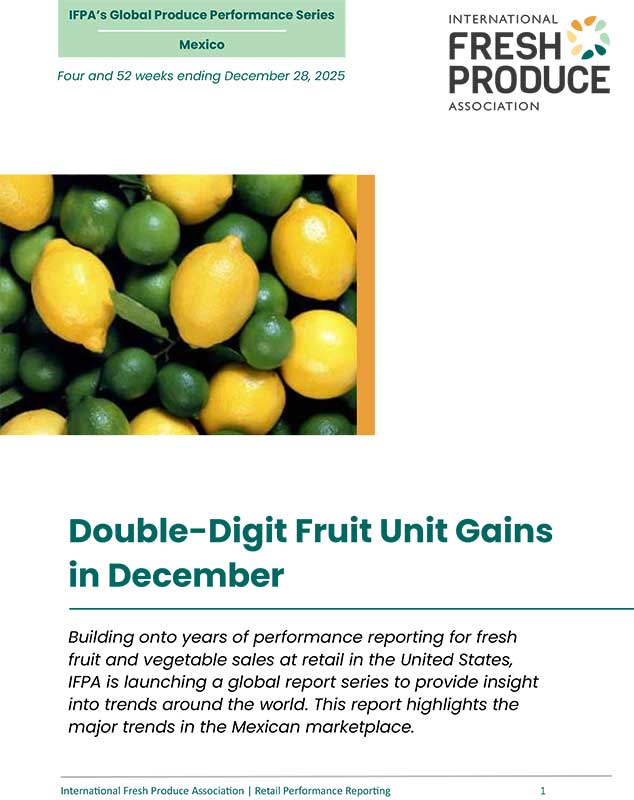 Report cover showing title, subtitle with date, fruit image, text about double-digit fruit gains, and IFPA logo.