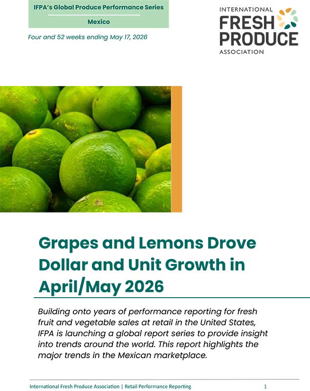 Report cover featuring green citrus fruit and the headline “Grapes and Lemons Drove Dollar and Unit Growth in April/May 2026.”