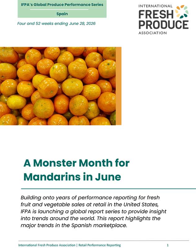 Report cover featuring a photo of mandarins and the headline “A Monster Month for Mandarins in June” for Spain.