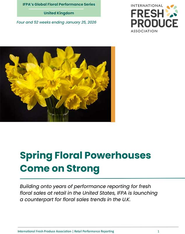 Report cover with yellow daffodils and text for the International Fresh Produce Association.