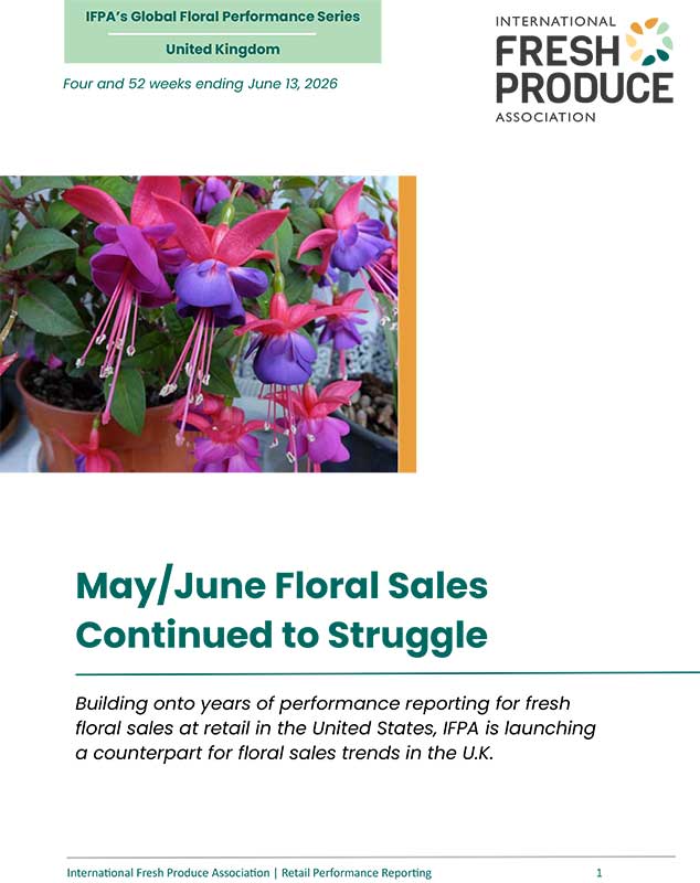 Report cover featuring flowering fuchsia plants and the headline “May/June Floral Sales Continued to Struggle” for the United Kingdom.