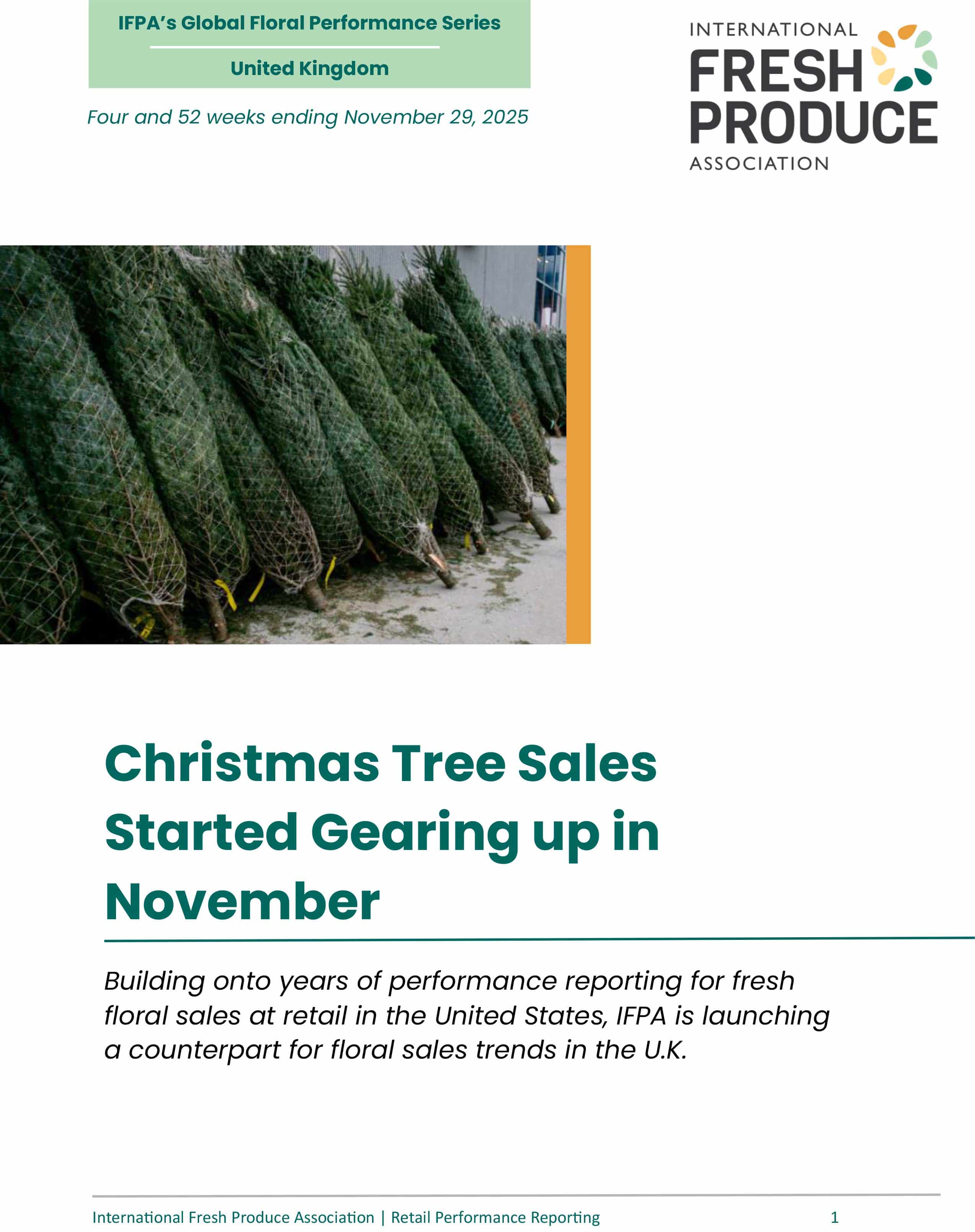 A document cover featuring a row of netted Christmas trees, IFPA branding, and a title about Christmas tree sales.