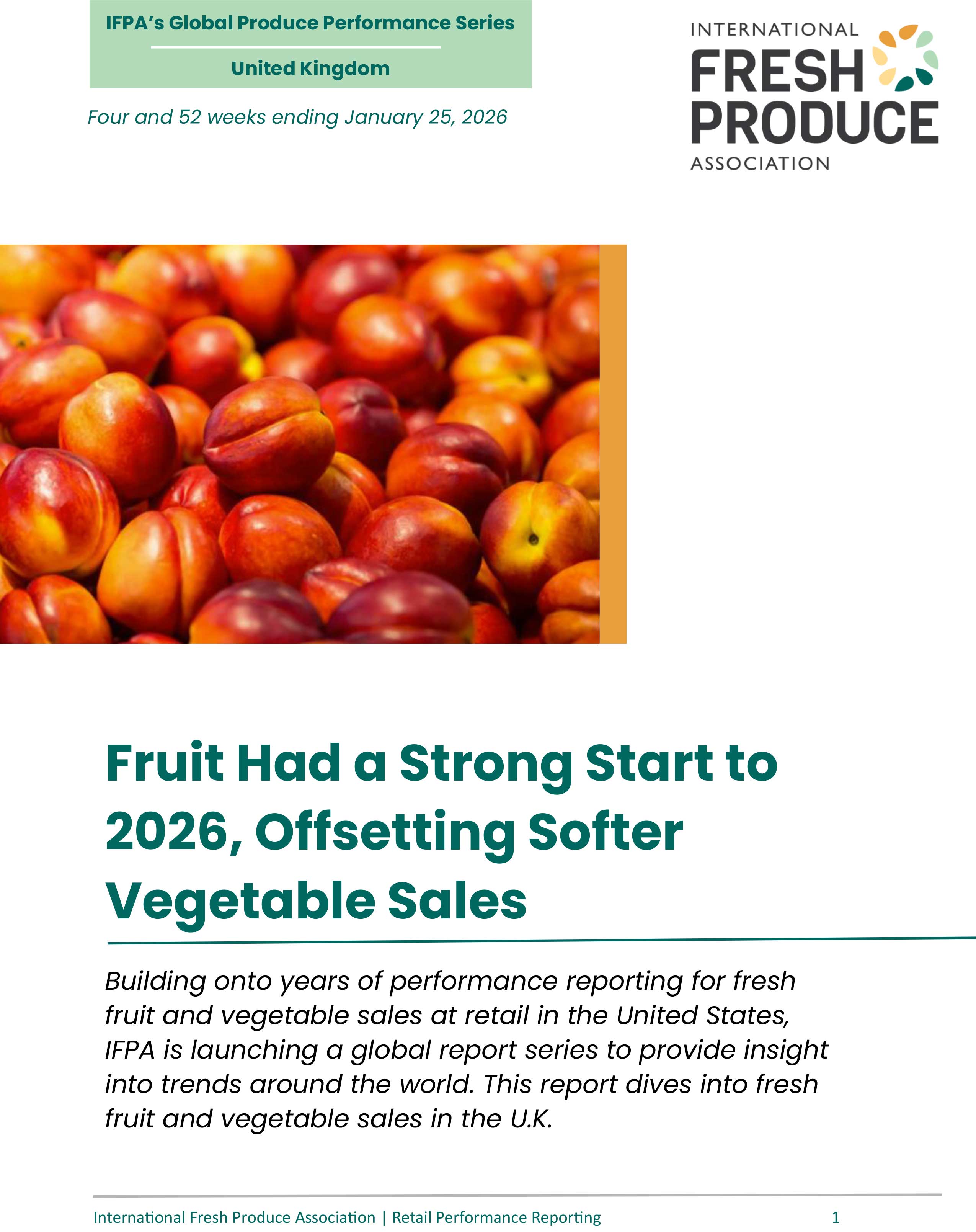 Report cover showing nectarines with text about fruit sales in the UK.