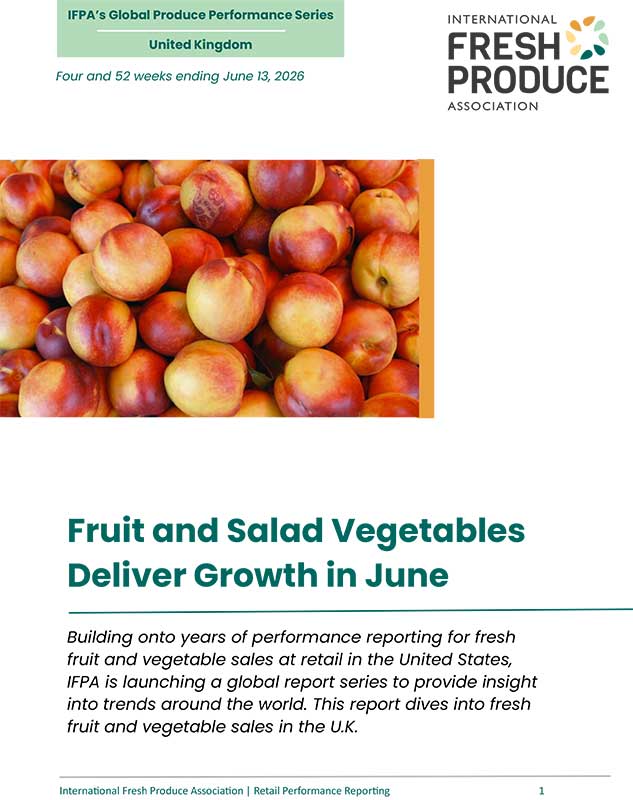 Cover page for a United Kingdom produce performance report, featuring a photograph of peaches or nectarines and the headline “Fruit and Salad Vegetables Deliver Growth in June.”
