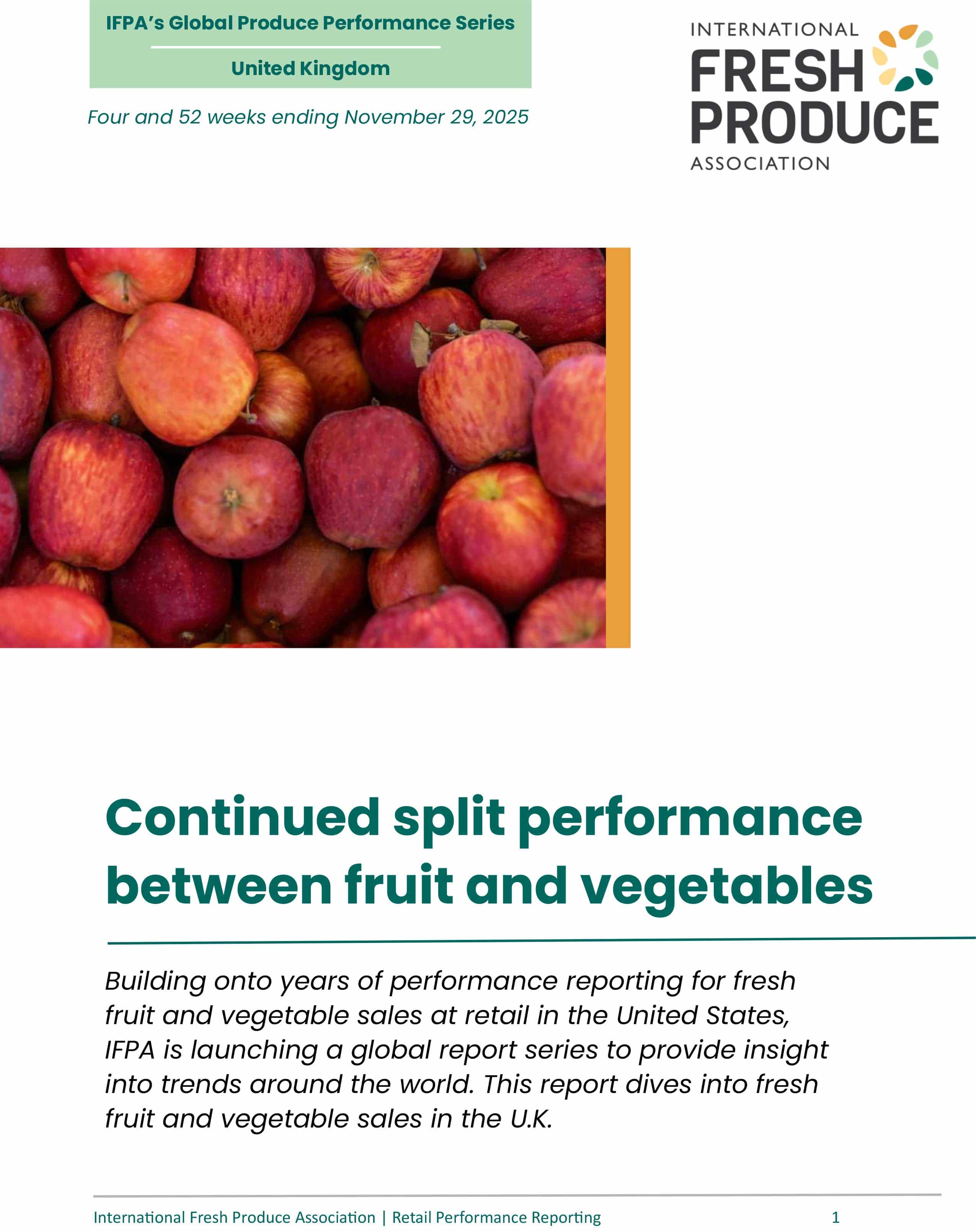 Cover page of IFPA report titled "Global Produce Performance Series: United Kingdom" with a photo of red apples.