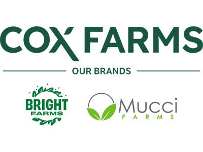 COX FARMS logo with BRIGHT FARMS and Mucci FARMS logos below it.