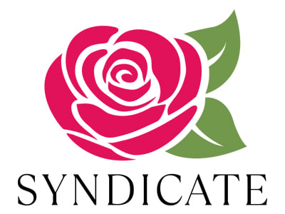 Syndicate Sales vertical logo with all caps and red flower
