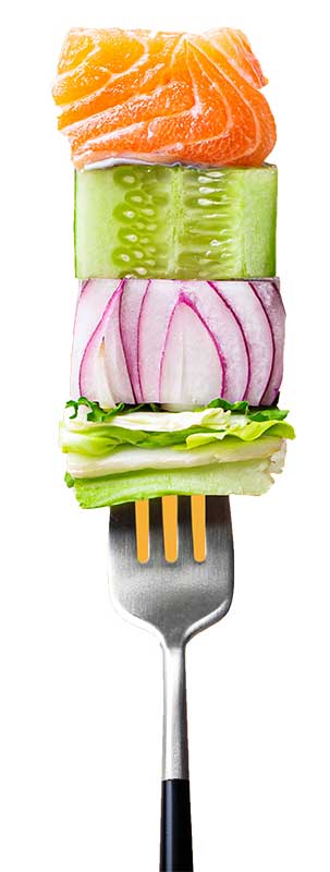 A stack of an orange wedge, cucumber slice, red onion slice, and lettuce on a fork.