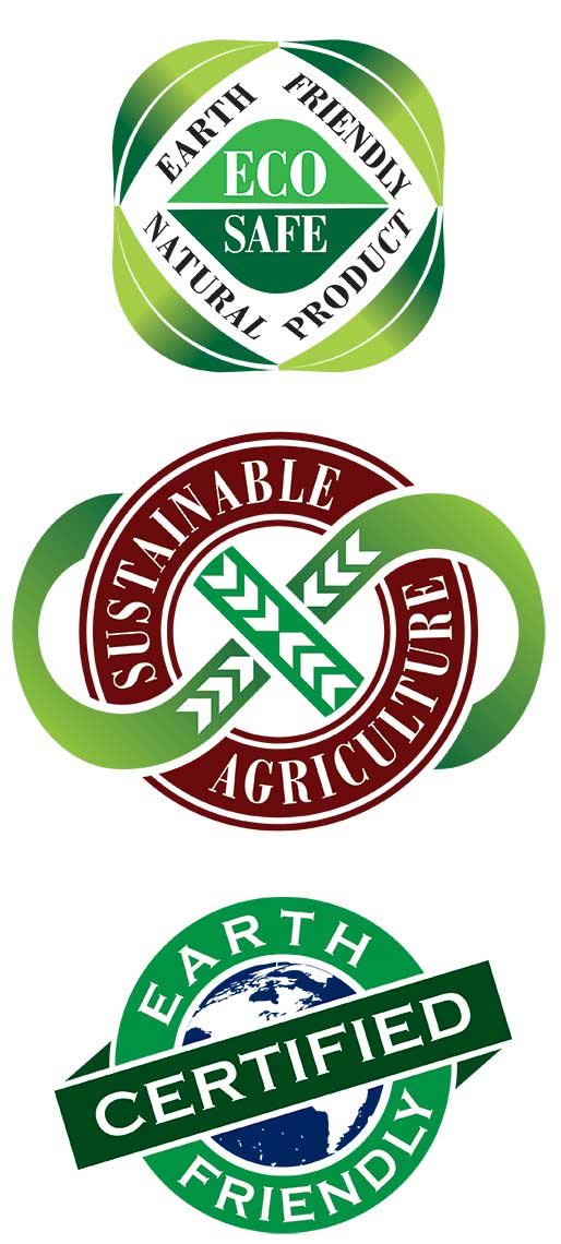 Three eco-friendly logos with nature-themed designs and text. Top logo: "ECO SAFE EARTH FRIENDLY NATURAL PRODUCT" Middle logo: "SUSTAINABLE AGRICULTURE" Bottom logo: "EARTH FRIENDLY CERTIFIED"