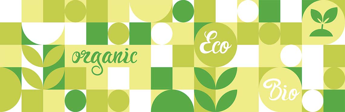 Geometric pattern with green and yellow shapes, featuring the words "organic," "Eco," and "Bio."