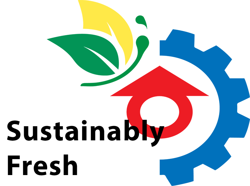 Logo with stylized leaves, a red house shape, a blue gear, and the text "Sustainably Fresh."
