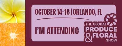 Email signature for "The Global Produce & Floral Show" with dates "October 14-16, Orlando, FL."