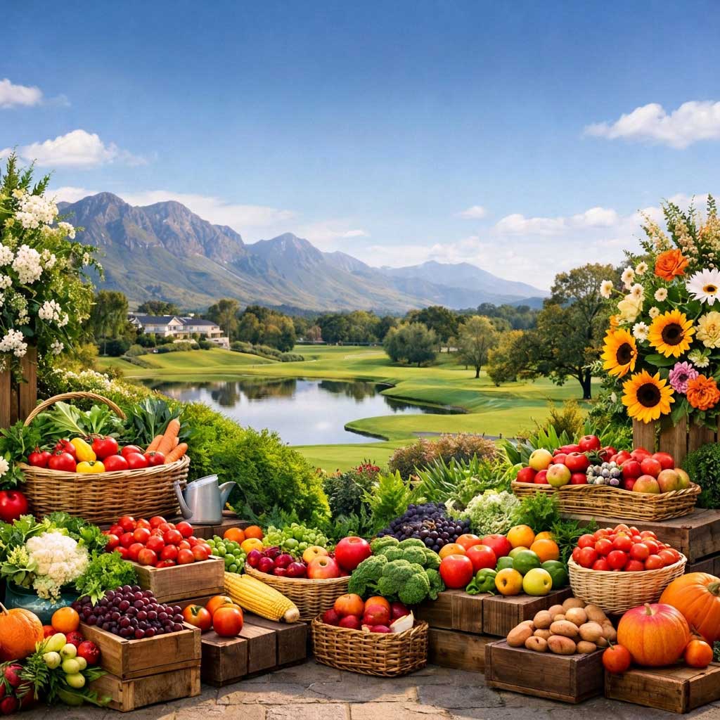 A vibrant display of fruits and vegetables in baskets, set against a serene lake and rolling mountains under a blue sky.