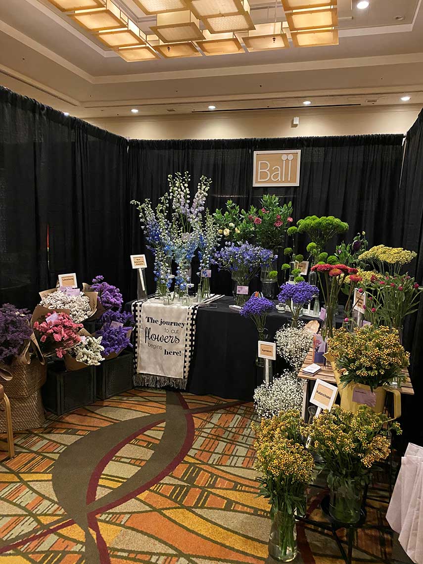 Floral exhibit booth displaying various colorful flowers with a sign that reads "Ball."