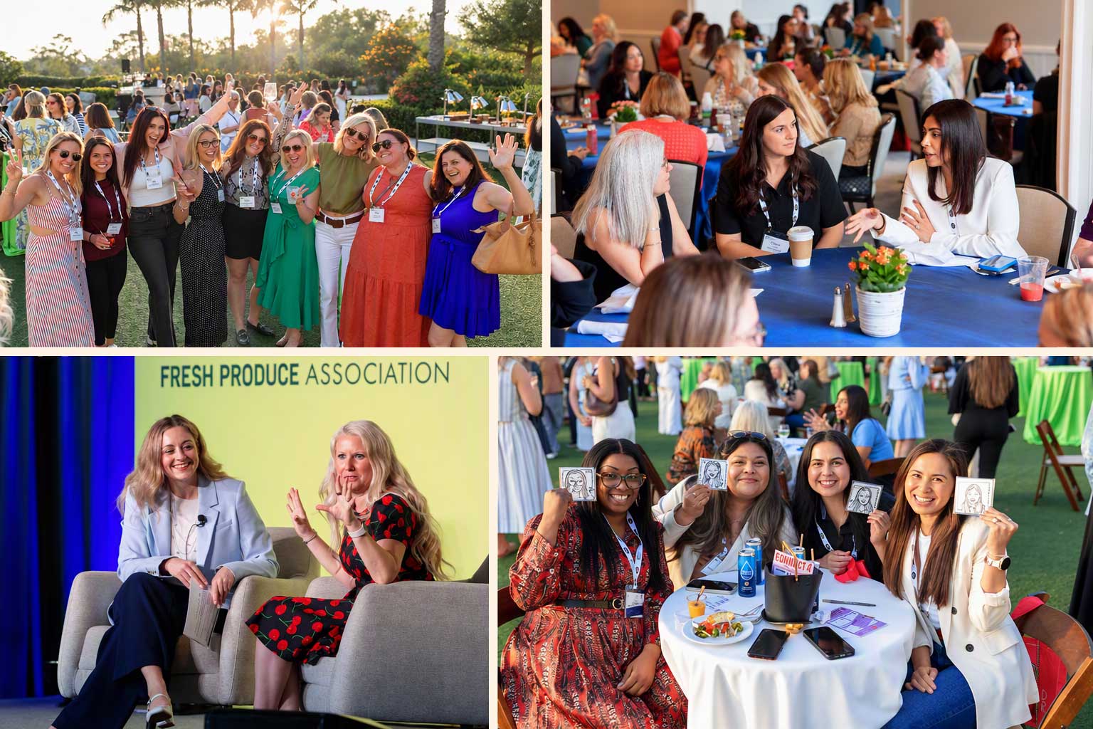 Four-panel collage of women attending a professional conference, including outdoor group photos, networking, a stage discussion, and a table activity.