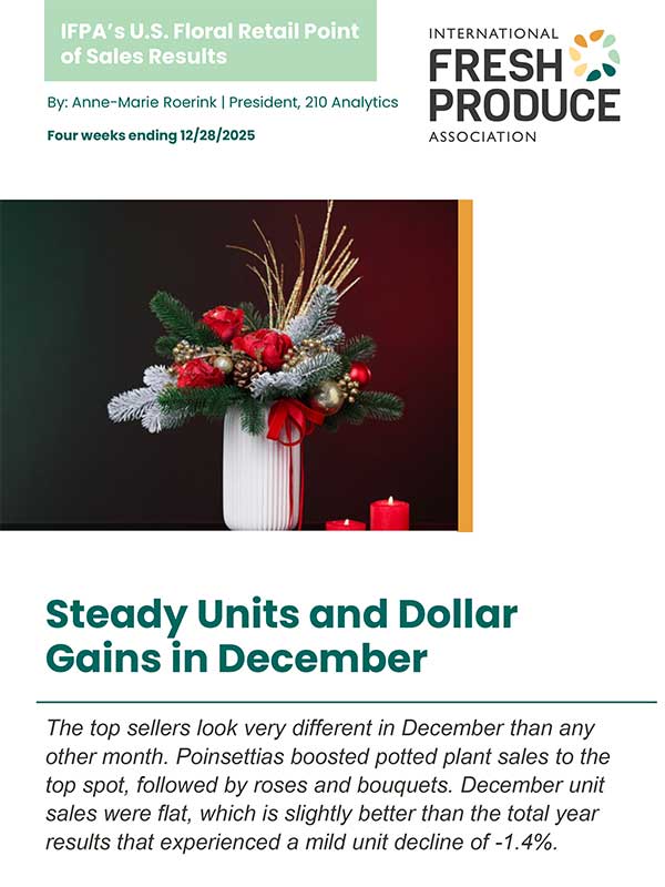 A floral arrangement in a white vase with poinsettias and fir branches next to a report headline and logotype.