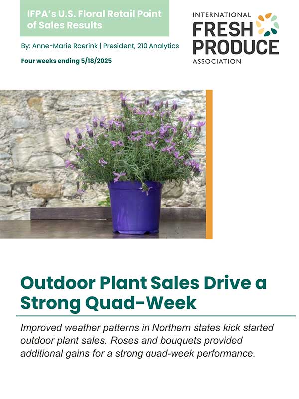 Promotional graphic with a lavender plant in a purple pot against a stone wall and text discussing outdoor plant sales results.