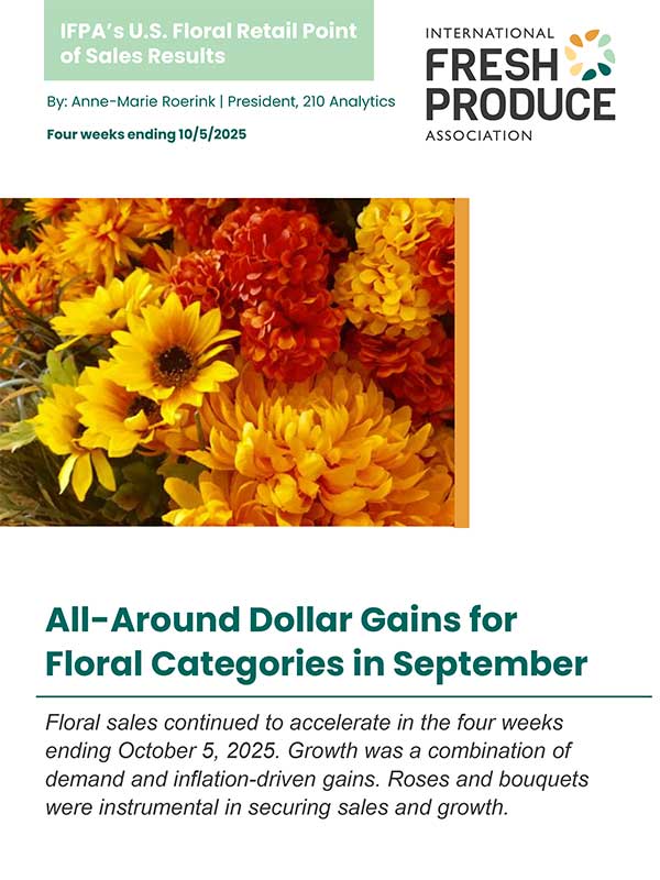 Promotional graphic for IFPA's floral sales results featuring yellow and orange flowers with text about sales gains.