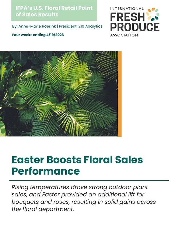 Image of lush green ferns with a text overlay titled "Easter Boosts Floral Sales Performance," discussing the impact of rising temperatures on floral sales.