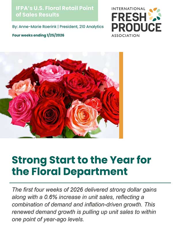 Cover of a floral industry report with a bouquet of roses and a performance overview for January 2026.
