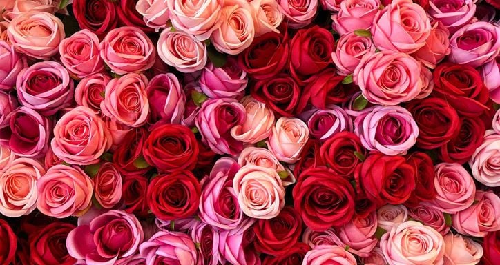 Top down view of many roses of various shades of red and pink