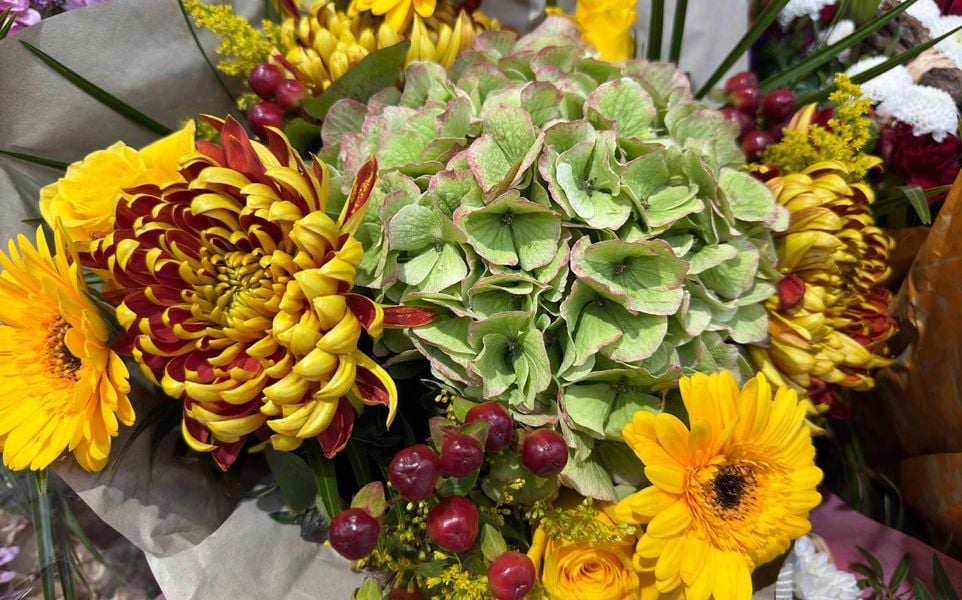 A colorful bouquet featuring hydrangeas, gerbera daisies, roses, chrysanthemums, and red berries.