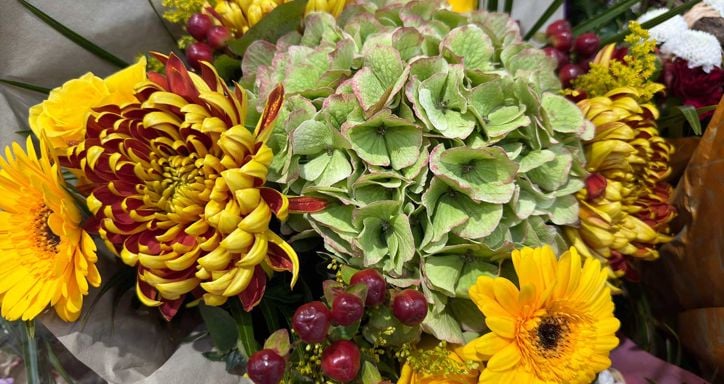 A colorful bouquet featuring hydrangeas, gerbera daisies, roses, chrysanthemums, and red berries.
