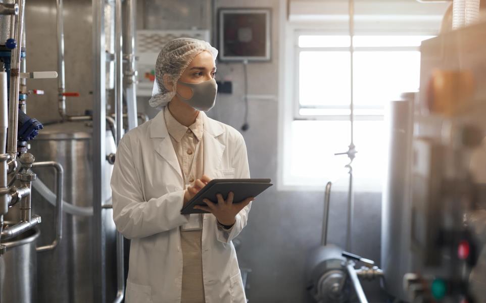 Waist up portrait of young woman wearing mask and holding digital tablet during quality control inspection in sunlit workshop at food factory, copy space