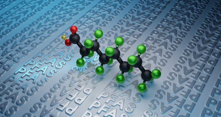 3D molecular model on a metallic background with "PFAS" text