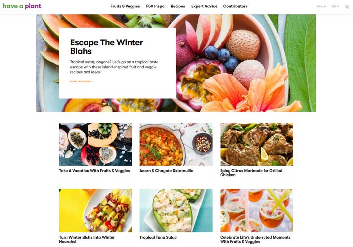 The homepage of the website fruits and veggies .com.