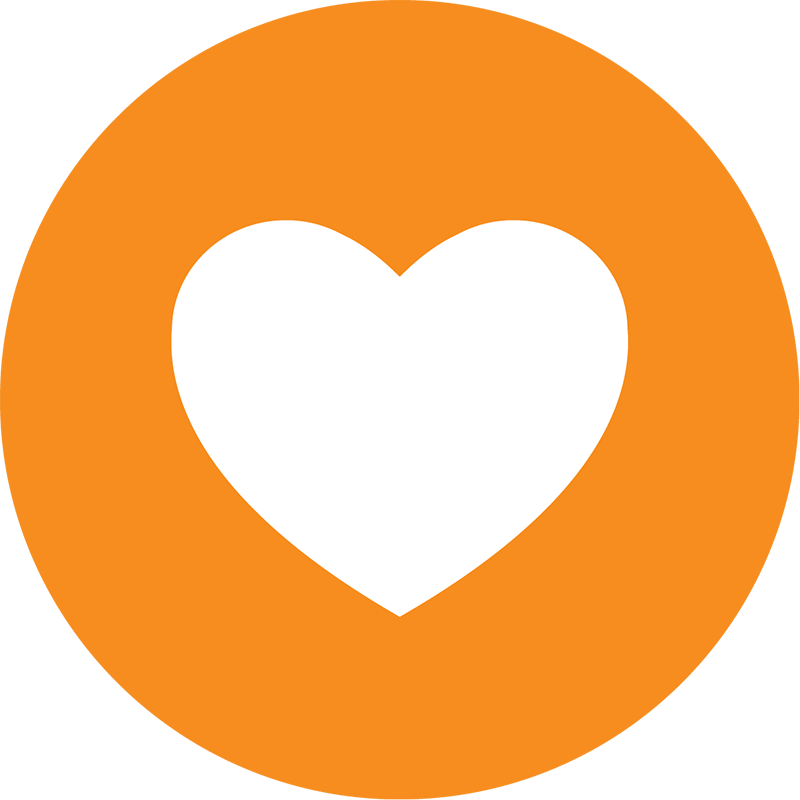 Circular orange icon with a white heart in the center.