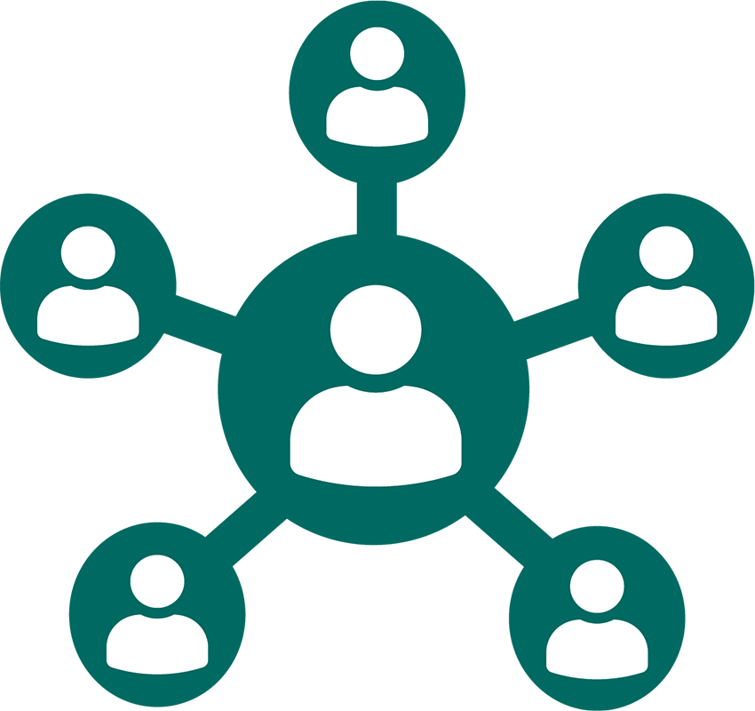 Icon of one larger circle in the center connecting to multiple smaller circles. Each circle contains a representation of a human.