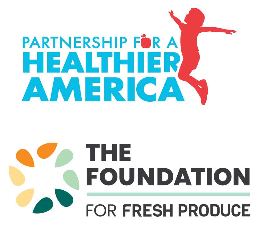 Logos of Partnership for a Healthier America and The Foundation for Fresh Produce. The top logo features a silhouette of a jumping person in red next to blue and green text that says Partnership for a Healthier America, while the bottom logo consists of four seed-like shapes in different colors forming a circular pattern next to black text reading The Foundation for Fresh Produce.