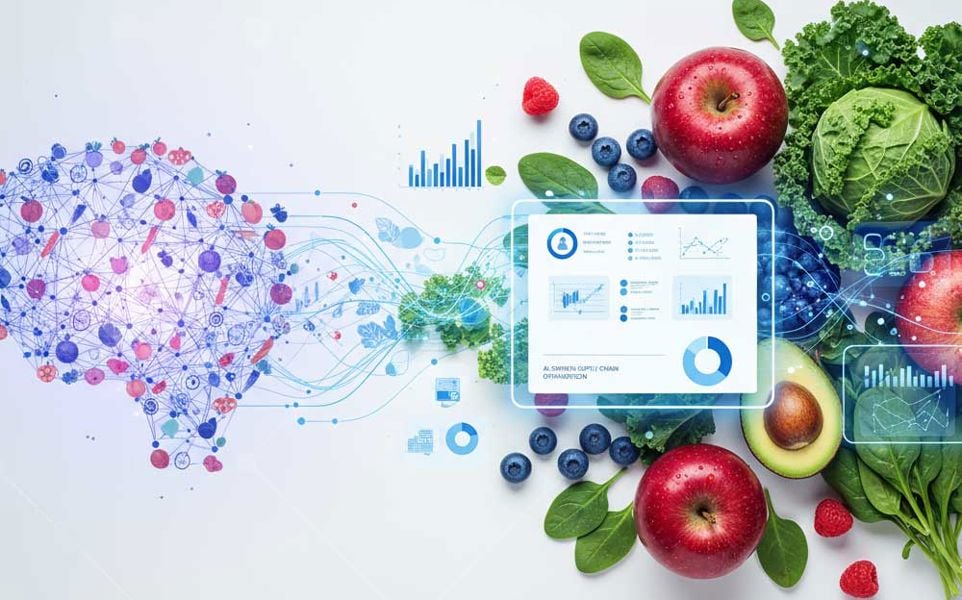 Digital illustration of a brain made from nodes and lines merging with fresh fruits and vegetables, overlaid with data charts.