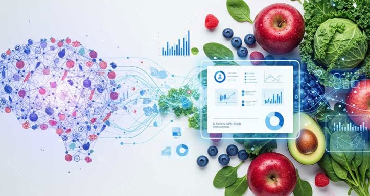 Digital illustration of a brain made from nodes and lines merging with fresh fruits and vegetables, overlaid with data charts.